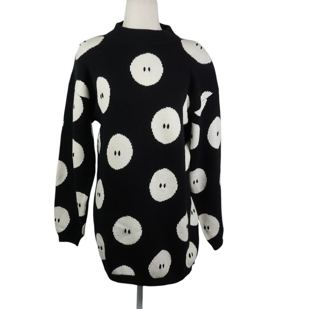 Vintage 90s Black and White Cotton Button Print Tunic Sweater S - Picture 1 of 5